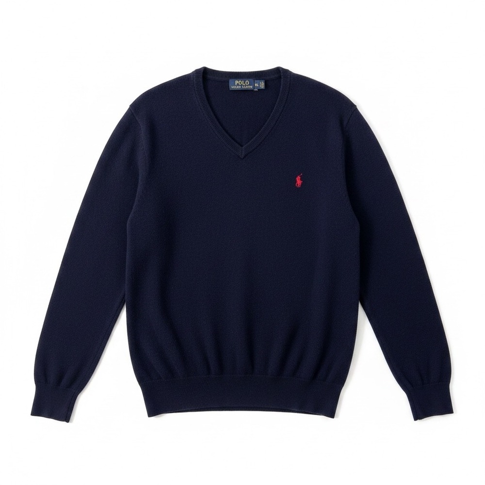 Polo Ralph Lauren Mens XL Navy Blue V-Neck Sweater Italian Yarn Red Pony Logo